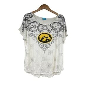 P Michael Iowa Hawkeyes Women Large Floral Logo Blouse Short Sleeve Rhinestone